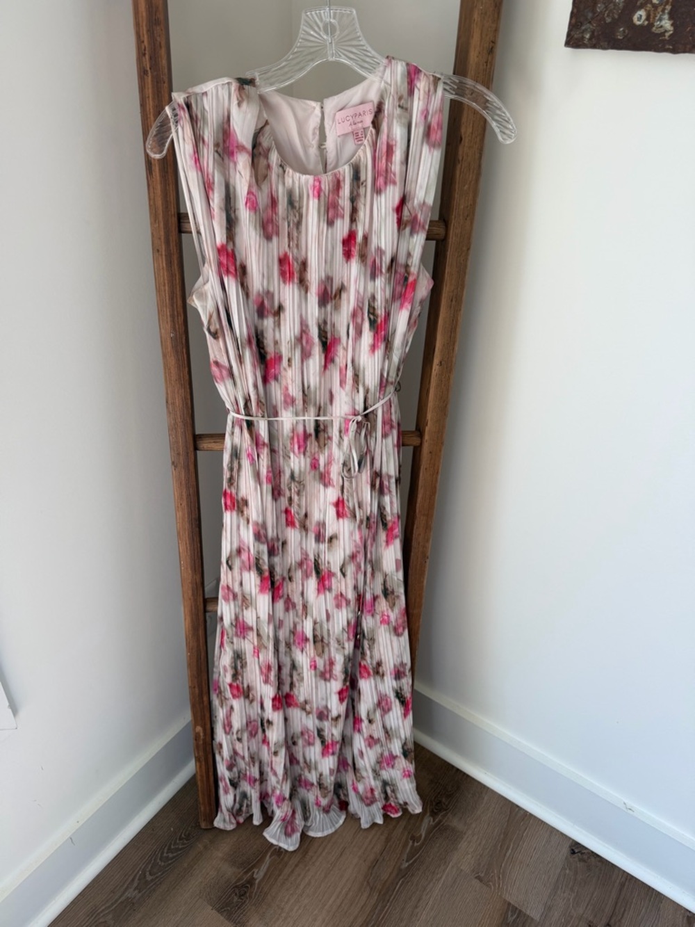 Lucy Paris Pink and Cream Floral Pleated Maxi Dress